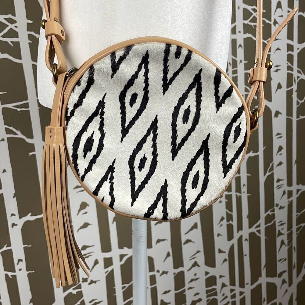 Cynthia Vincent Round Circular Ikat Print Hair Calf Leather Crossbody Bag